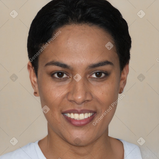 Joyful latino young-adult female with short  black hair and brown eyes