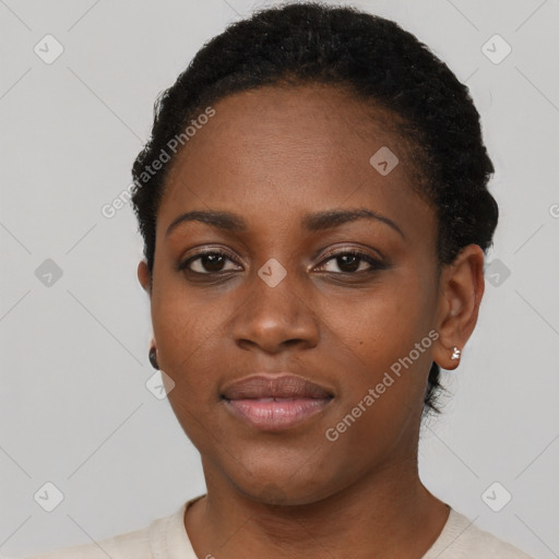 Neutral black young-adult female with short  black hair and brown eyes