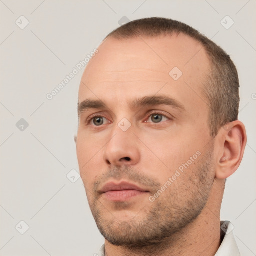 Neutral white young-adult male with short  brown hair and brown eyes