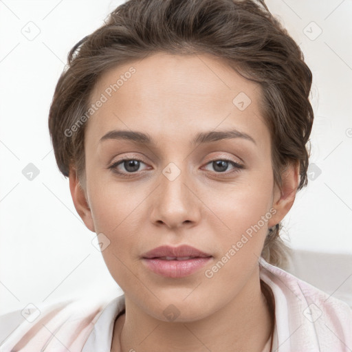 Neutral white young-adult female with short  brown hair and brown eyes