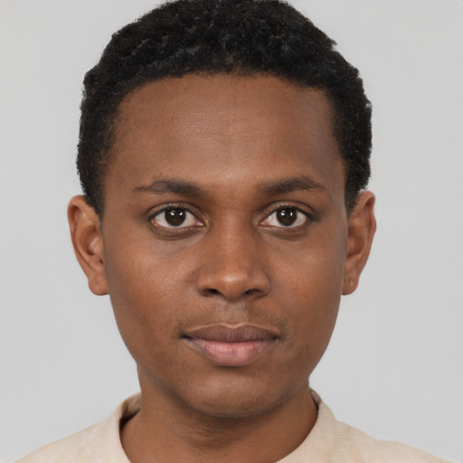 Neutral black young-adult male with short  black hair and brown eyes