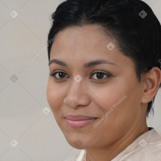 Joyful latino young-adult female with short  brown hair and brown eyes