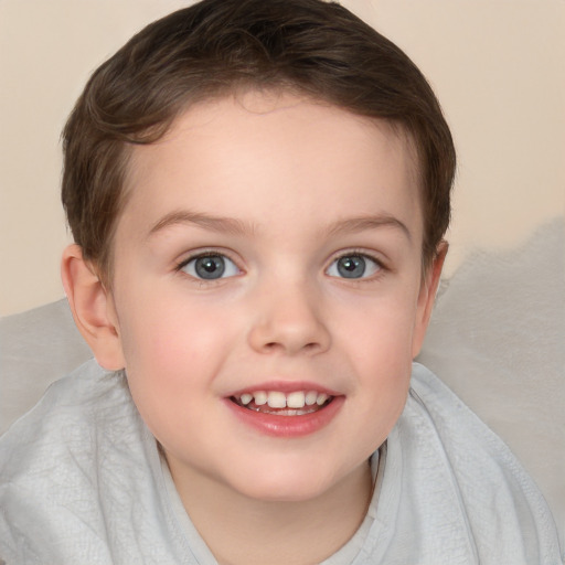 Joyful white child female with short  brown hair and blue eyes