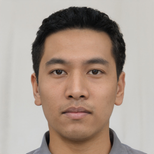 Neutral asian young-adult male with short  black hair and brown eyes