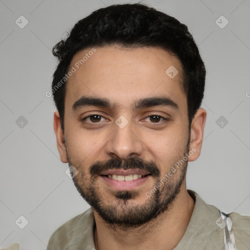 Joyful white young-adult male with short  black hair and brown eyes