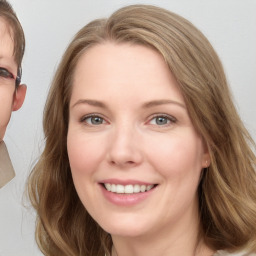 Joyful white young-adult female with medium  brown hair and blue eyes