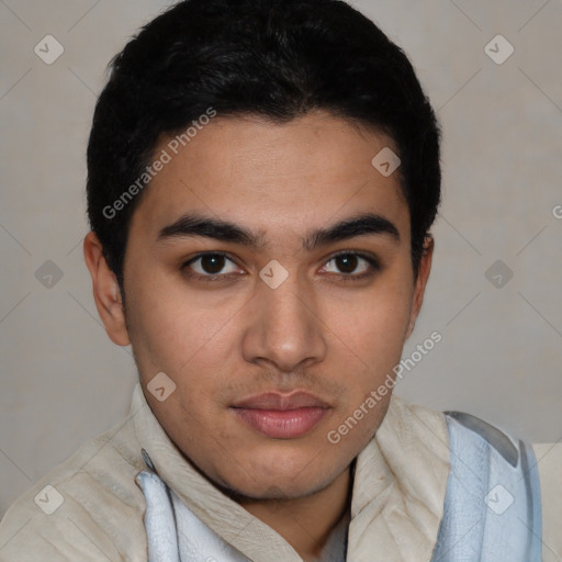 Neutral latino young-adult male with short  black hair and brown eyes