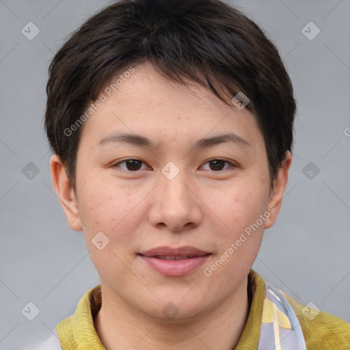 Joyful white young-adult female with short  brown hair and brown eyes