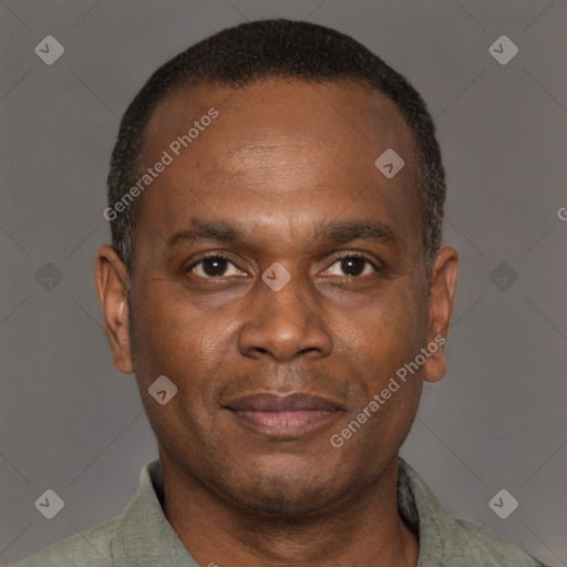 Neutral latino adult male with short  brown hair and brown eyes