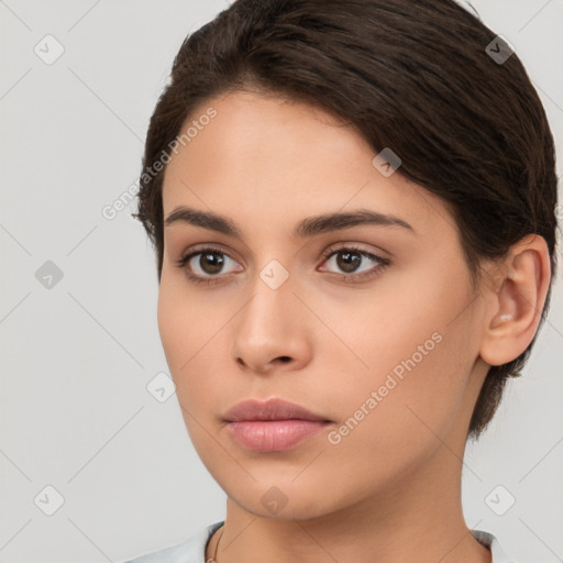 Neutral white young-adult female with short  brown hair and brown eyes