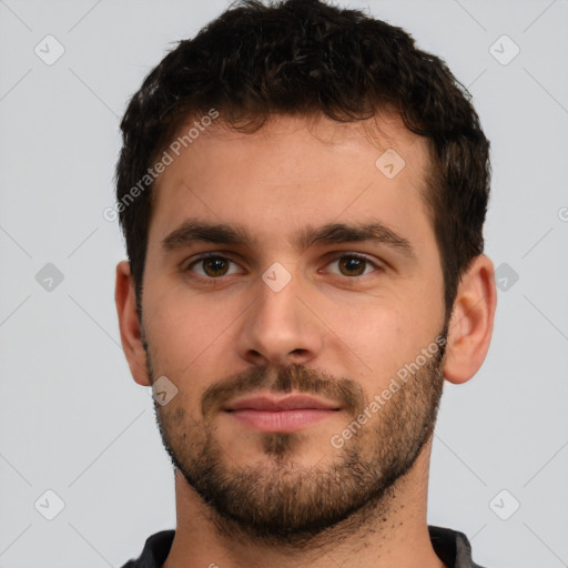 Neutral white young-adult male with short  brown hair and brown eyes