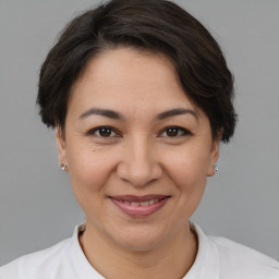 Joyful white adult female with short  brown hair and brown eyes