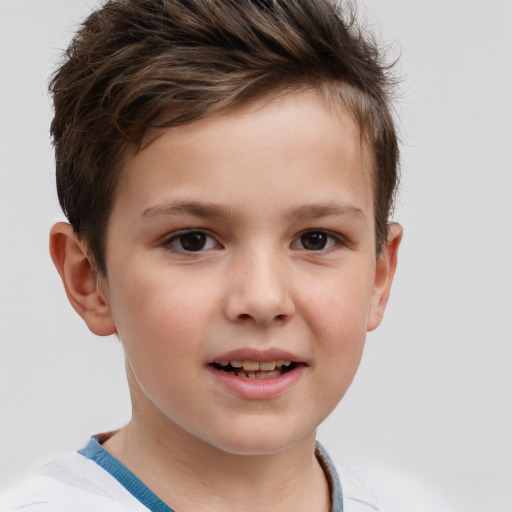 Joyful white child female with short  brown hair and brown eyes