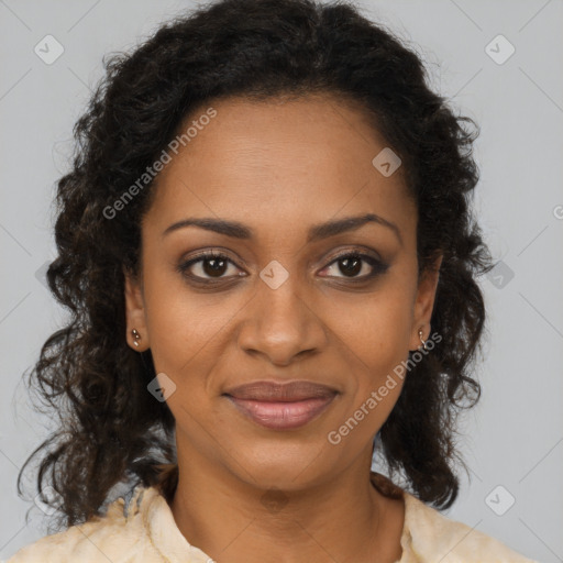 Joyful black young-adult female with medium  brown hair and brown eyes