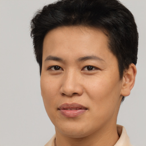 Joyful asian young-adult female with short  brown hair and brown eyes
