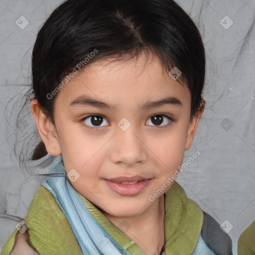 Joyful white child female with medium  brown hair and brown eyes