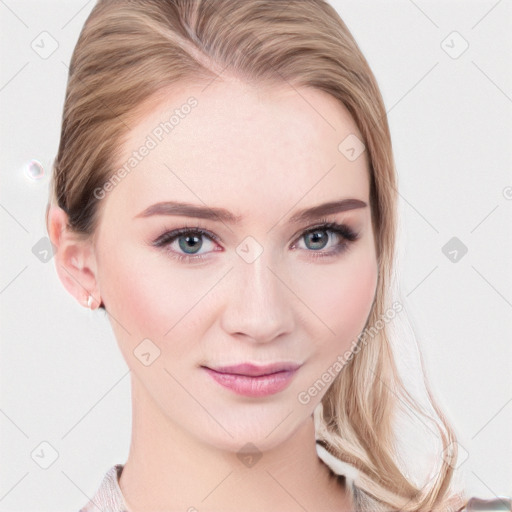 Joyful white young-adult female with medium  brown hair and blue eyes