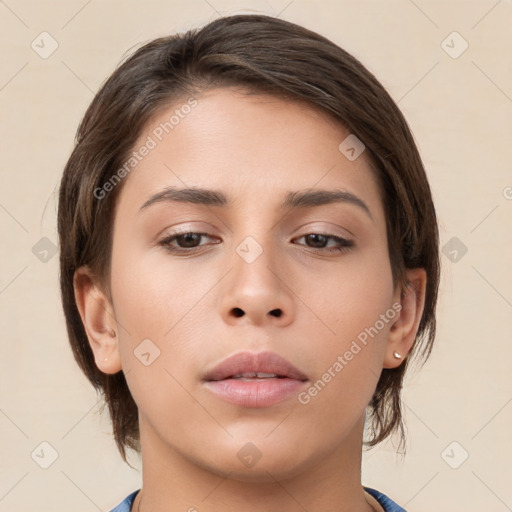 Neutral asian young-adult female with medium  brown hair and brown eyes