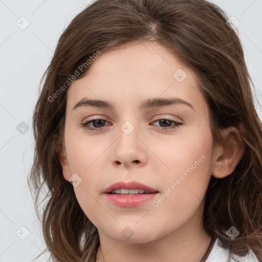 Neutral white young-adult female with medium  brown hair and brown eyes