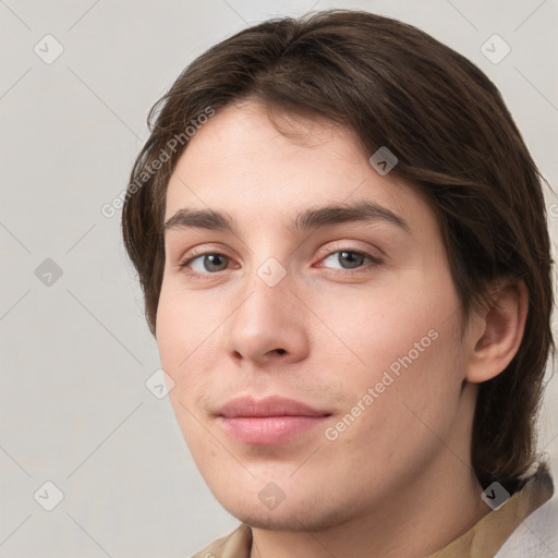 Neutral white young-adult female with short  brown hair and grey eyes