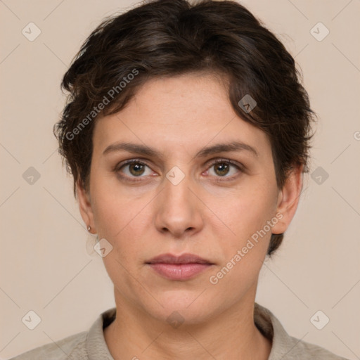 Neutral white young-adult female with short  brown hair and brown eyes