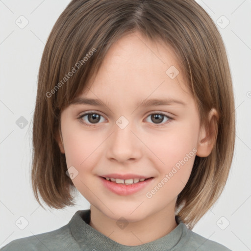 Joyful white child female with medium  brown hair and brown eyes