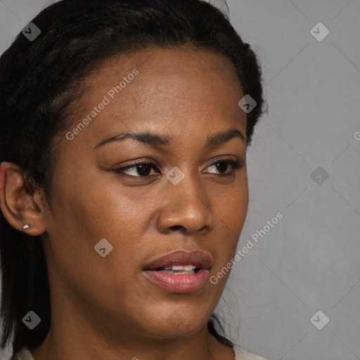 Neutral black young-adult female with long  brown hair and brown eyes