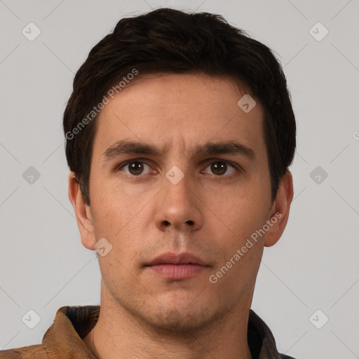 Neutral white young-adult male with short  brown hair and brown eyes