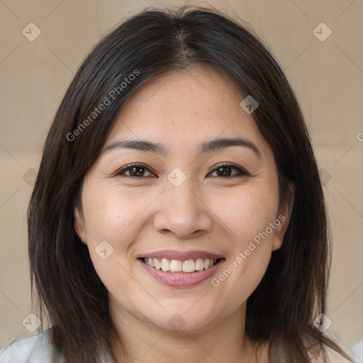 Joyful white young-adult female with medium  brown hair and brown eyes