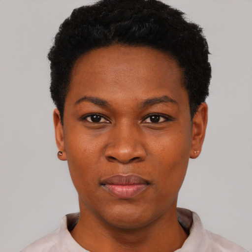 Neutral black young-adult female with short  black hair and brown eyes