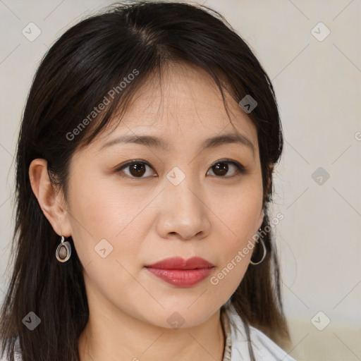 Joyful white young-adult female with medium  brown hair and brown eyes