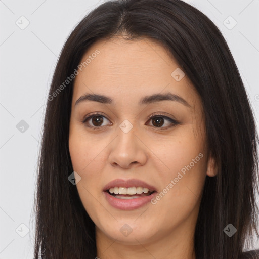 Joyful asian young-adult female with long  brown hair and brown eyes