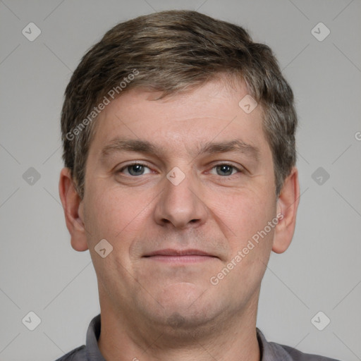 Neutral white young-adult male with short  brown hair and grey eyes