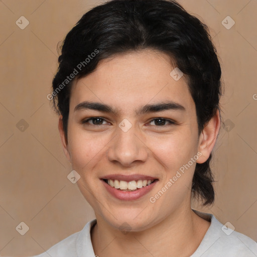 Joyful white young-adult male with medium  brown hair and brown eyes