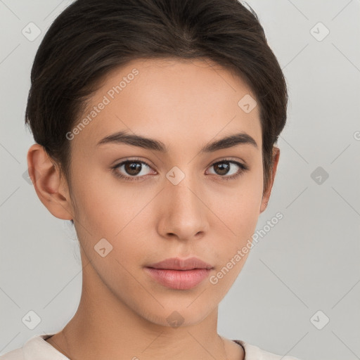 Neutral white young-adult female with short  brown hair and brown eyes