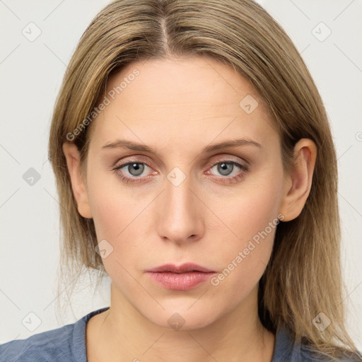 Neutral white young-adult female with medium  brown hair and blue eyes