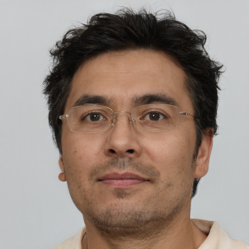 Neutral asian adult male with short  brown hair and brown eyes