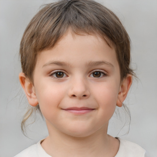 Joyful white child female with medium  brown hair and brown eyes