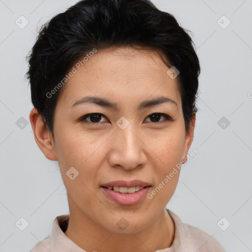 Joyful asian young-adult female with short  brown hair and brown eyes