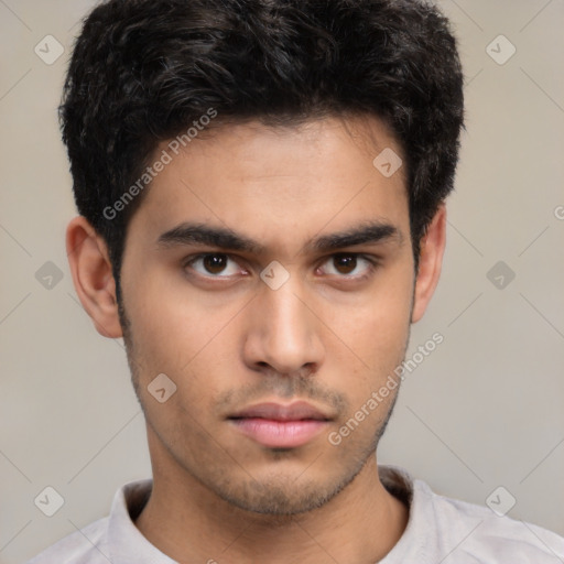 Neutral latino young-adult male with short  brown hair and brown eyes