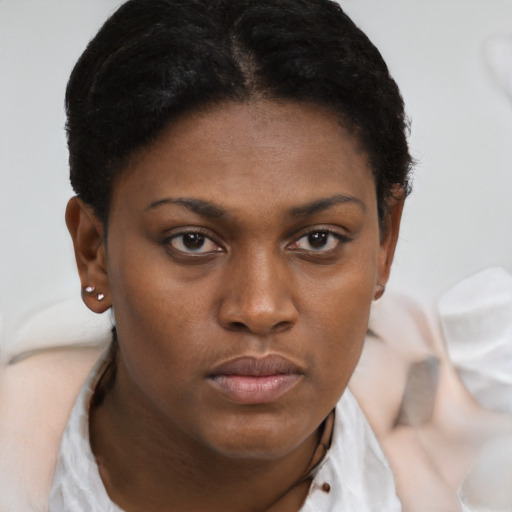 Neutral black young-adult female with short  brown hair and brown eyes