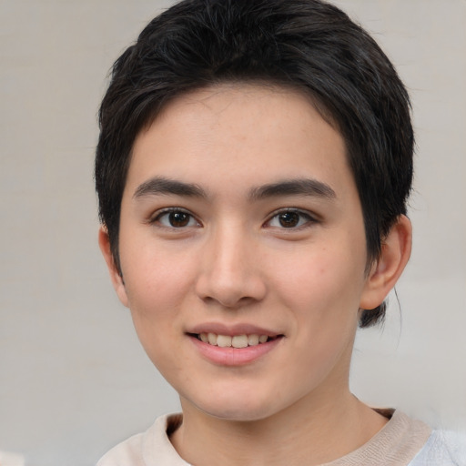 Joyful asian young-adult female with short  brown hair and brown eyes