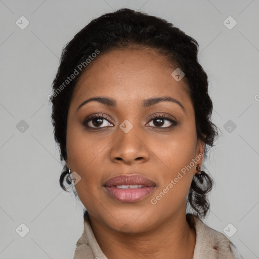 Joyful black young-adult female with medium  black hair and brown eyes