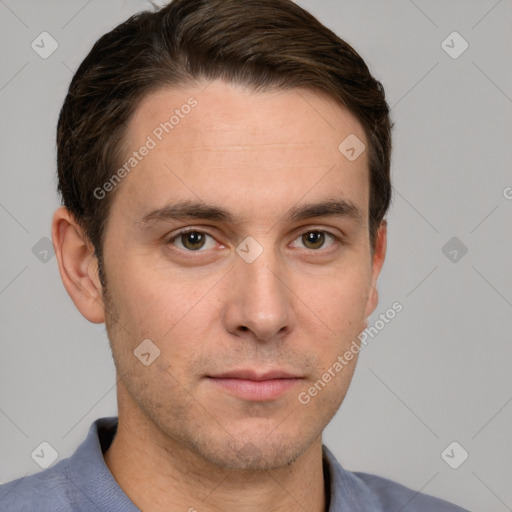 Neutral white young-adult male with short  brown hair and grey eyes