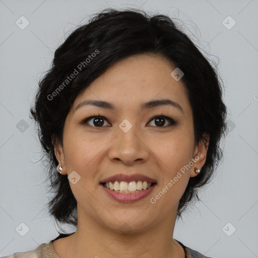 Joyful latino young-adult female with medium  black hair and brown eyes