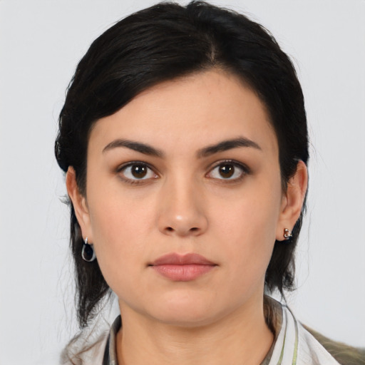Neutral asian young-adult female with medium  black hair and brown eyes