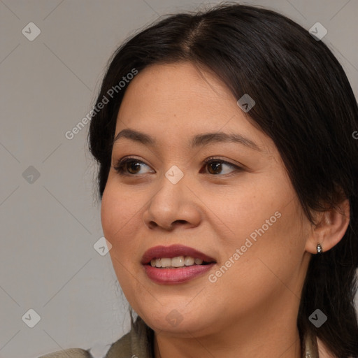 Joyful white young-adult female with medium  brown hair and brown eyes