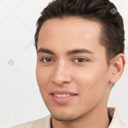 Joyful white young-adult male with short  brown hair and brown eyes