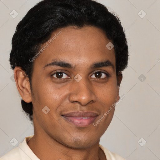 Joyful latino young-adult male with short  brown hair and brown eyes