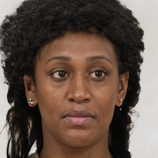 Neutral black young-adult female with long  brown hair and brown eyes